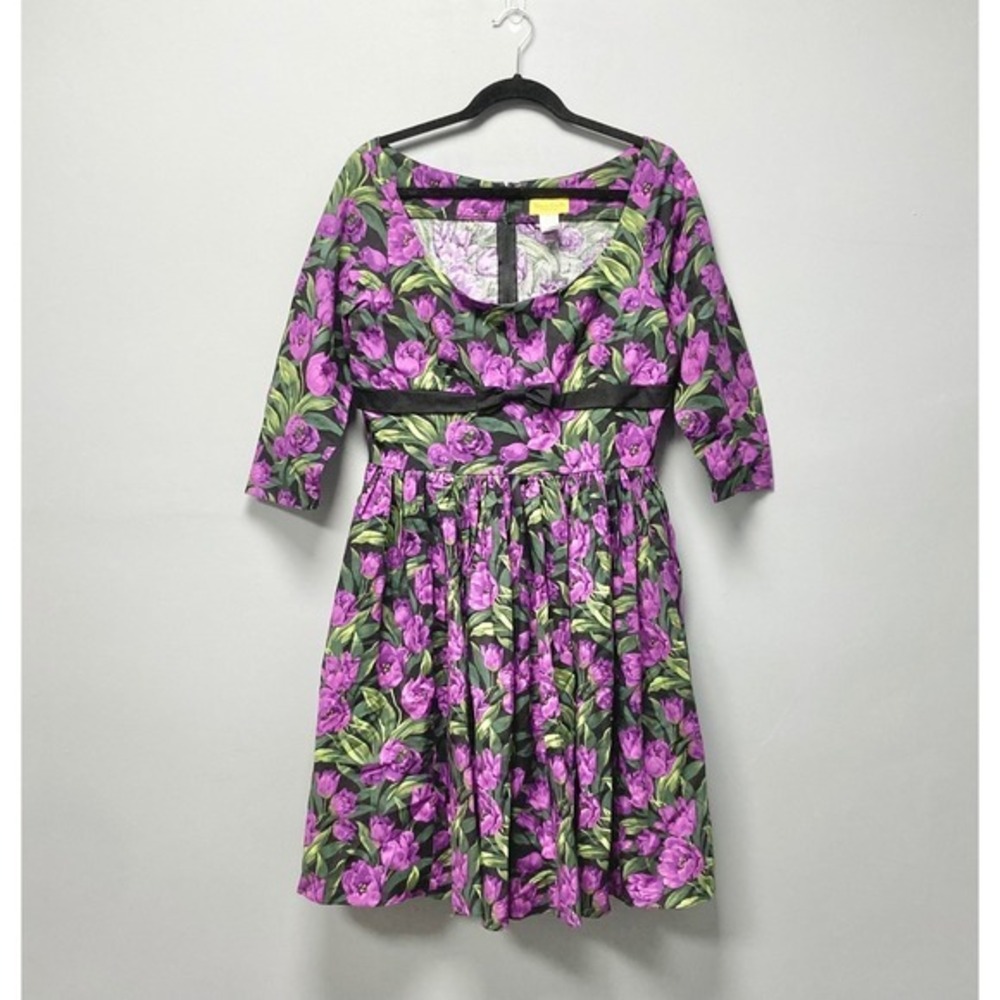 Bernie Dexter Grace Purple Tulip Floral Dress XL Black Rockabilly Pinup USA Made - Picture 2 of 8